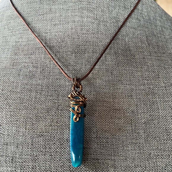 Blue and Gold Bohemian Necklace with Crystal Pendant - Picture 4 of 4